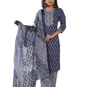 Women's Blue Printed Straight Viscose Rayon Round Neck Kurta Pant with Dupatta