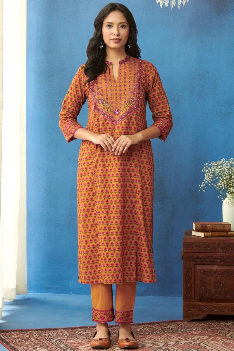 Mahnoor Ameera Kurta Mustard Printed Straight Cotton Kurta - Image 2