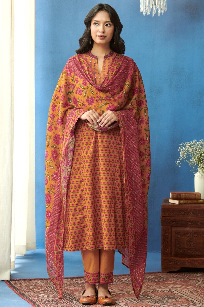 Mahnoor Ameera Kurta Mustard Printed Straight Cotton Kurta